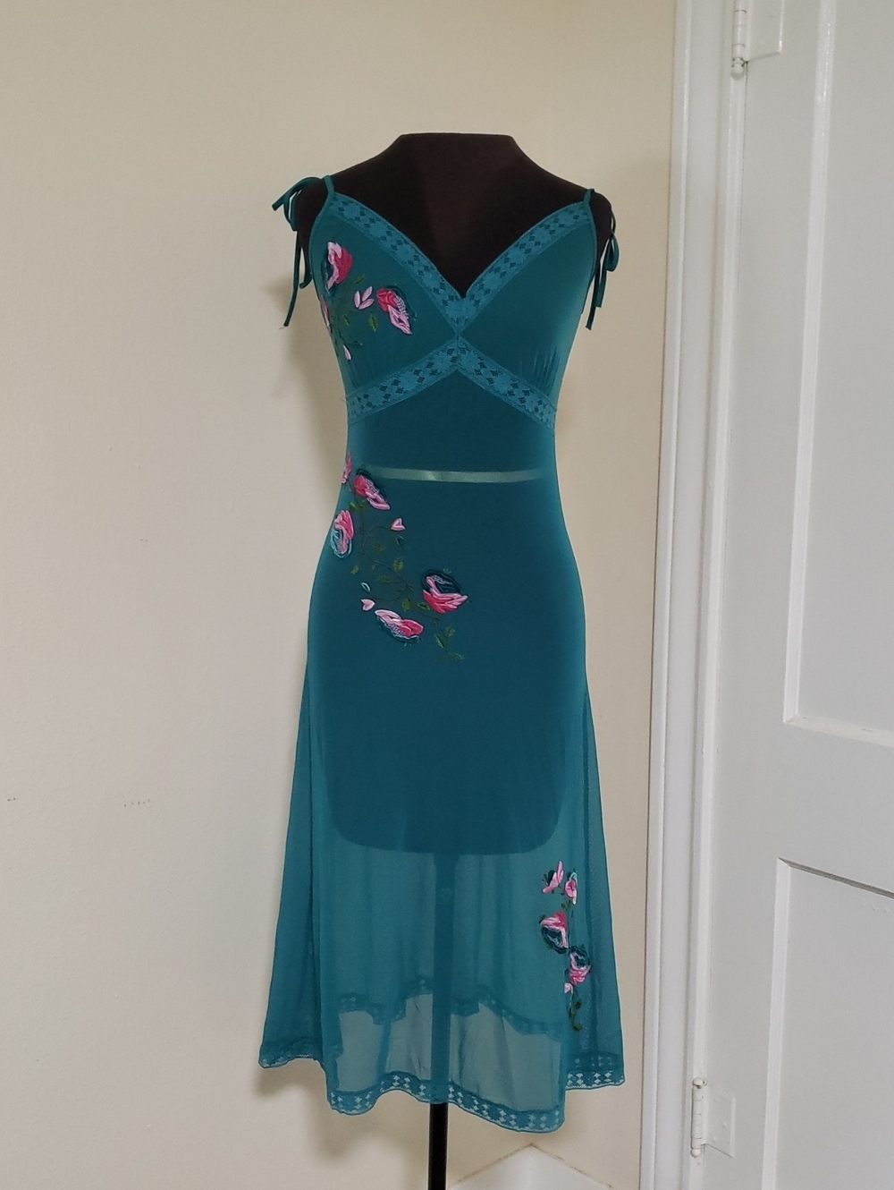 Betsey Johnson Teal Midi Slip Dress with Pink Floral Embroidery